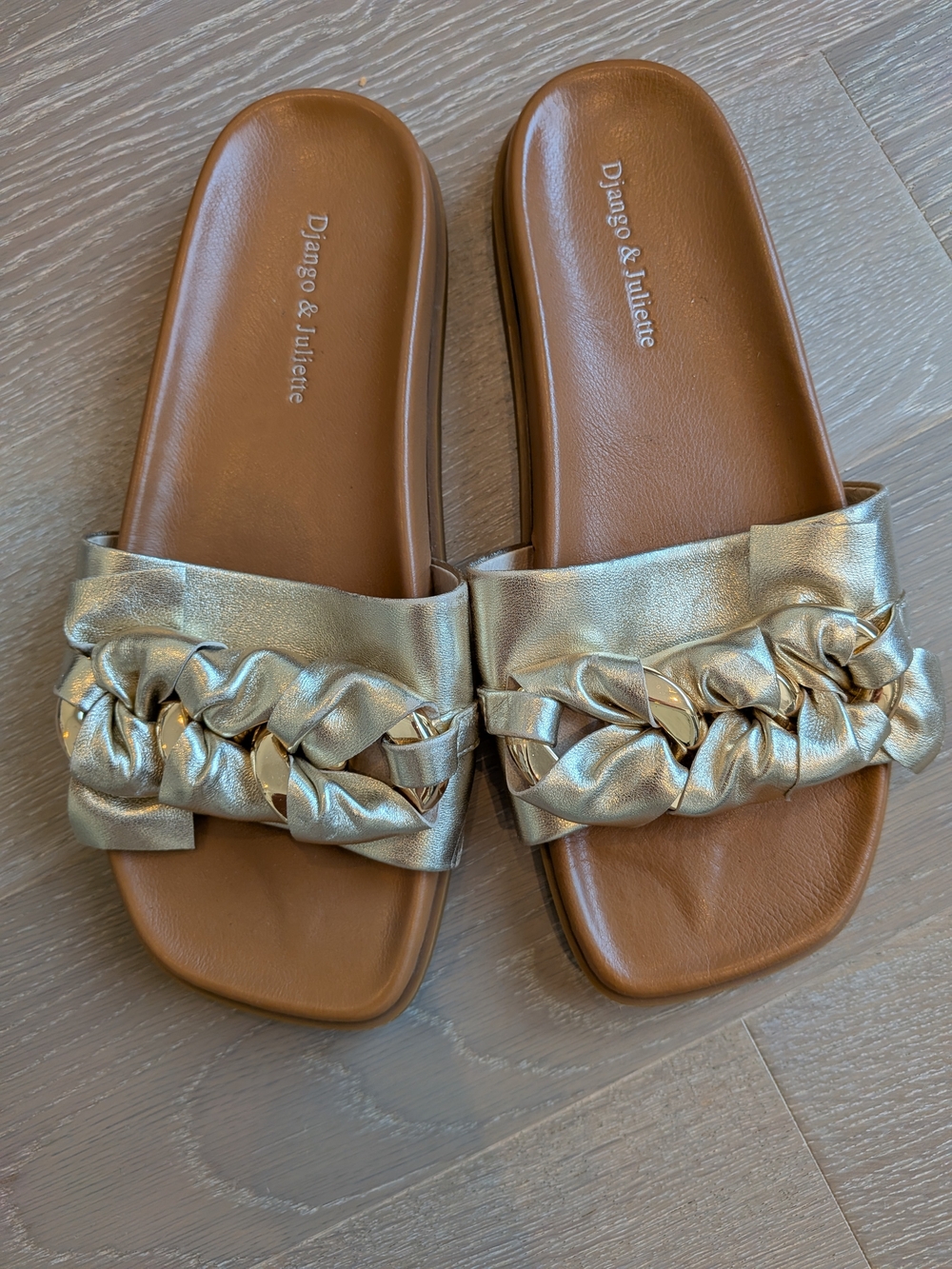 Django & Juliette Metallic Gold Braided Slide Sandals
